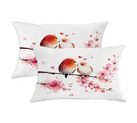 Birds Throw Pillow Covers Set of 2, Romantic Fanciful Hearts Cherries Blossoms Spring Peach Soft Velvet Washable Cover Decorative Pillows for Living Room Bed Office Sofa Chair Decor 20x12 Inch