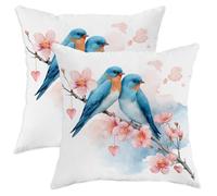Birds Throw Pillow Covers Set of 2, Spring Fanciful Cherries Blossoms Hearts Spring Blue with Hidden Zipper Cover Decorative Pillows for Living Room Bedroom Loft Office Car Decor 26x26 Inch