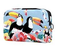 Birds Toucans on a Floral Cosmetic Bag for Women, Travel Toiletries Bags Large Makeup Handy Pouch Organiser Bag with Zipper