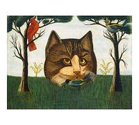 Birds Trees Surreal American The Cat Naive Painting Large Wall Art Print Canvas Premium Mural