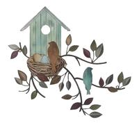 Birds Wall Decor, Iron Bird Wall Art Hanging Metal Tree Leaf with Birdhouse Sculpture 12x10.6" Bird Silhouette Metal Ornament for Living Room Balcony Garden Decor