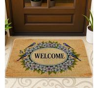 Birds Welcome Door Mat, Nature Rustic Flowers Wreath Spring Blue Washable Low Profile Under Doormat Rug for House Office Outside Inside Entrance Decor 29x17 Inch