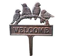 Birds Welcome Sign Lawn Spike Cast Iron Brown Perched Robins Garden Plaque Stake 28cm