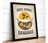 Birds Worms Bananas Retro Framed Wall Art Print A1 Black