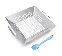 Birdtown Traders Big BBQ Grill Basket - Outdoor Grilling Accessories perfect for Vegetables, Fish, Meat, Kababs - Deluxe Stainless Steel Barbecue Pan (30 x 30 x 7.5 cms) with Silicone Basting Brush