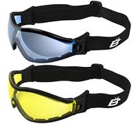 Birdz Eyewear Boogie Black Foam Padded Motorcycle Ski Skydiving Goggles 2 Pairs with Blue Mirror & Yellow Anti-Fog Lenses