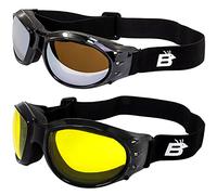 Birdz Eyewear Eagle Red Baron style Motorcycle Padded Airsoft Goggles 2 Pairs Black Frame with Yellow & Driving Mirror Lens for Day & Night riding comfort Perfect Googles For Any Weather Condition