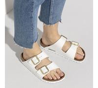 BIRKENSTOCK ARIZONA PATENT WHITE MEDIUM/NARROW WIDTH GLOSSY SLIDE SANDALS SHINY