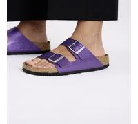 BIRKENSTOCK ARIZONA SHINY LIZARD ACAI MEDIUM/NARROW WIDTH SLIDE SANDALS VIOLET