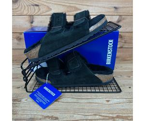 Birkenstock Sandals Womens UK 4.5 Arizona Shearling Black Fur Line Narrow Slides