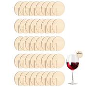 BIRLOZA Pack of 40 Wooden Drink Tags, Wine Glass Markers, with Groove, Empty Surface, Drink Labels for Wedding Parties, Bars and Birthday Parties (Diameter 50 mm)
