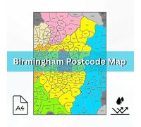 Birmingham Postcode Map (inc. Wolverhampton, Coventry, Worcester, Walsall, Dudley) - A4 Laminated Waterproof Postal District Map of Birmingham & Surrounding Areas