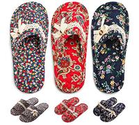 biroris 3 Pairs Floral Cotton House Slippers for Women, Open Toe Indoor Slippers Comfortable Washable Portable Foldable Guest Travel Hotel Airplane Spa Slippers, Dark Floral, 7-8.5