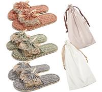 biroris Cotton Indoor Slippers for Women Set,Open Toe Summer House Slippers,Washable Portable Foldable Guest Slippers for Travel Hotel Airplane Wedding, 3 Colors Bow Set, 4-6.5