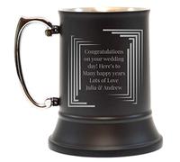 Birsppy Personalised Steel Tankard Stein Engraved Pint Black Men Stainless Silver Modern Lines Frame Handle Gift Box 500 ml