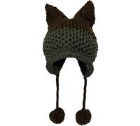 Birsppy SUNONE11 Fox Ears Beanie Winter Warm Handmade Knitting Hats Pompom Caps Patchwork Crochet Headpiece, Brown Gray, One Size