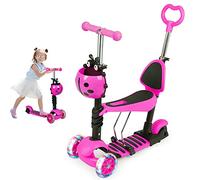 Birtech Kids 3-Wheel Scooter for Toddlers with Adjustable Seat, Push Handle & LED Flashing Wheels (Pink)