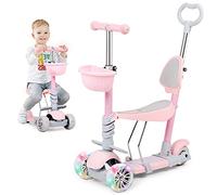 Birtech Kids Kick Scooter 3 Wheels Scooter for Toddler 5 in 1 Scooter for Kids-with Removable Seat and Push Rod, Adjustable Height Kick Scooter for Girls & Boys 1-4 Years Old, Pink