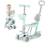 Birtech Kids Kick Scooter 3 Wheels Scooter for Toddler 5 in 1 Scooter for Kids-with Removable Seat and Push Rod, Adjustable Height Kick Scooter for Girls & Boys 2-6 Years Old, Green