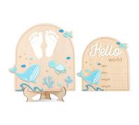 Birth Announcement Wood Sign Board - Boy Under The Sea Newborn Footprint Milestone, Ocean Theme Hello World Wood Sign, Baby Boys Arrival Hospital Wood Board, Baby Shower Wooden Keepsake Set