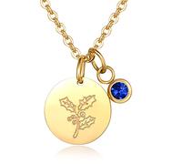 Birth Month Flower Necklace Birthday Gifts for Women - Round Disc Charm Birthstone Necklace | Dainty Gold Engraved Floral Pendant Necklaces for Teen Girls Best Friend, 18"+2" - December