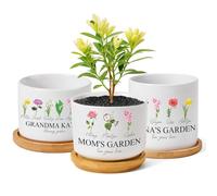 Birth Month Flower Personalized Flower Pot - Ceramic Flower Mini Plant Pots with Bamboo Tray, Cute Planters with Drainage Hole, Birth Flower Mom Gifts from Daughter, for Her, Grandma