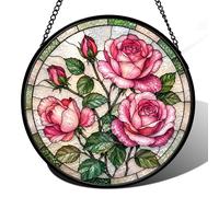 Birth Month Flowers Stained Glass Window Hanging, Sun Catcher for Window, Stained Glass Kit Style Floral Suncatcher, Round Flower Decor for Indoor Window Wall Garden Gift (Rose)