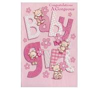 Birth New Born Baby Girl Card - Teddies Pink Congratulations 7.5" x 5.25" BC101