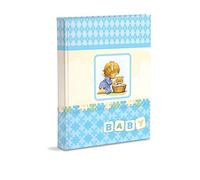 Birth Photo Album in Fabric 23 x 30 cm 56 White Pages and 4 PPG Personalised Diary in Thick and Durable Cardboard Intervaled with Pergamin, Light Blue