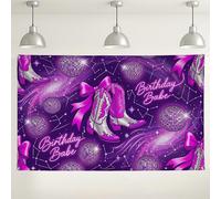 Birthday Babe Western Boots Backdrop, Violet Glitter Disco Ball Party Decorations, Fun Retro Theme Background for Photography Celebrations 71x43 Inch
