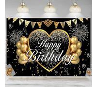 Birthday Backdrop Banner Black Gold Balloon Firework Photographic Background 30th 40th 50th 60th Anniversary Party Decoration 210X150cm