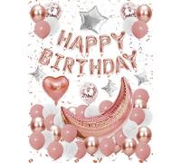 Birthday Balloon Decorations Set, Happy Birthday Confetti Balloons with Ribbon & Double-Sided Tape, Star Foil Balloons Party Decor Party Decor for All Ages(Rose Gold)