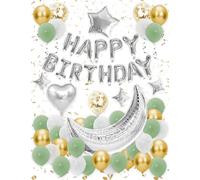 Birthday Balloon Decorations Set, Happy Birthday Confetti Balloons with Ribbon & Double-Sided Tape, Star Foil Balloons Party Decor Party Decor for All Ages(Green)