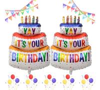 Birthday Balloons, Self Inflating Balloons, Balloon for Kids, HSC Large 3-Tier Cake Design "YAY IT'S YOUR BIRTHDAY" Foil Balloon, 2 Pack Multicoloured Party Decoration (62x102cm)