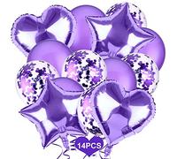 Birthday Balloons Set, 14 Pcs Party Decorations - Purple Latex, Confetti, Star & Heart Foil Balloons For Baby Shower, Engagement, Wedding