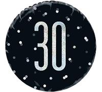 Birthday Black and Silver Glitz Number 30 Round Foil Balloon 18 inch Plus 59mm Button Badge