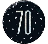 Birthday Black and Silver Glitz Number 70 Round Foil Balloon 18 inch Plus 59mm Button Badge