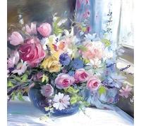 Birthday/Blank Card for Women - General Female Card - Cornflowers, Pink and Yellow Roses Oil Painting - Eco-Friendly and Recyclable - By Medici