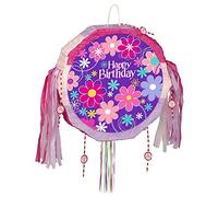 Birthday Blossom Multicolor Round Drum Pull Pop Out Pinata (46cm) 1 Count - Fun Party Activity for All Ages