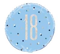 Birthday Blue and Silver Glitz Number 18 Round Foil Balloon 18 inch Plus 59mm Button Badge
