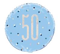 Birthday Blue and Silver Glitz Number 50 Round Foil Balloon 18 inch Plus 59mm Button Badge