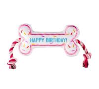 Birthday Bone Interactive Dog Toy - Interactive Tug Rope Pet Toy - Cute Unique Design Party Birthday Gift - Small Medium Puppy - Durable Chew Resistant Plush Toy with Squeaker for Teething (Pink)