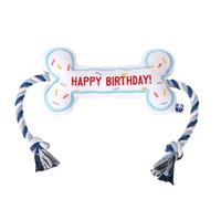 Birthday Bone Interactive Dog Toy - Interactive Tug Rope Pet Toy - Cute Unique Design Party Birthday Gift - Small Medium Puppy - Durable Chew Resistant Plush Toy with Squeaker for Teething (White)