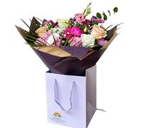 Birthday Bouquet Fresh Flowers Birthday Balloon -Pink Roses, Carnations, Purple Gerbera and Lisianthus Arrangement Chocolate (Standard)