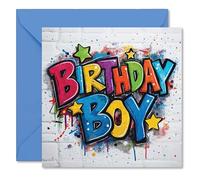 Birthday Boy - Graffiti Style Happy Birthday Greetings Card - Full Colour Inside reads: Have an awesome day! - Includes Blue Envelope - Made in the UK