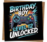Birthday Boy Level 12 Unlocked Gamer Card - Funny 12th Birthday Video Game Controller Design, 145mm x 145mm, Blank Inside, Includes Kraft Envelope for Son, Grandson, Nephew