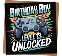 Birthday Boy Level 13 Unlocked 13th Birthday Card for Gamer Boys, Video Game Controller Design, 145mm x 145mm Square, Includes Kraft Envelope
