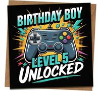 Birthday Boy Level 5 Unlocked Gamer Birthday Card - 145mm x 145mm Square with Kraft Envelope, Video Game Controller Design, 5th Birthday Card for Son Grandson Nephew Kids