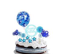 Birthday Cake Decoration, Blue Personalised Firework Cake Topper for Men Boys, Confetti Balloon Cake Topper with Stars Paper Fans for Blue Theme Party Birthday Cake Decoration