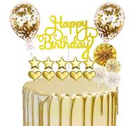 Birthday Cake Toppers, 17Pcs Gold Cake Decoration Cupcake Topper Happy Birthday Cake Topper Confetti Balloon Cake Topper with Stars Paper Fans for Birthday Party Anniversary Decor